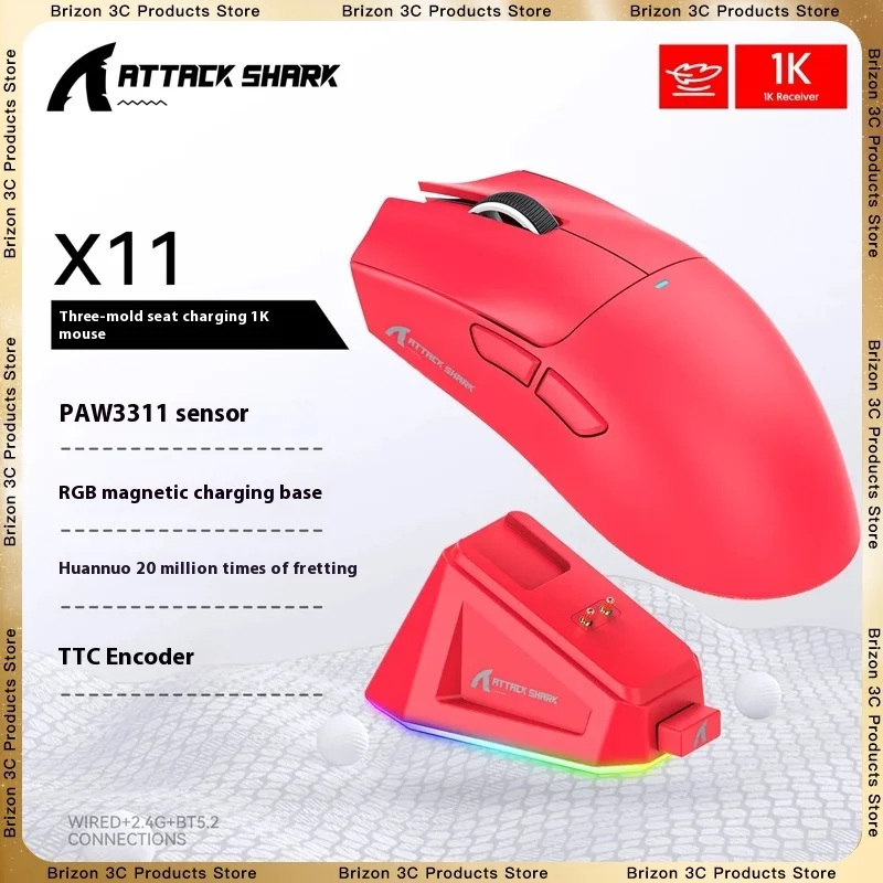 Attack Shark X11 Maus-Controller PAW3311, Tri-Modus, kabellose Bluetooth-RGB-Ladestation, Gaming-PC, Laptop, Maus, leicht, 65 g Image