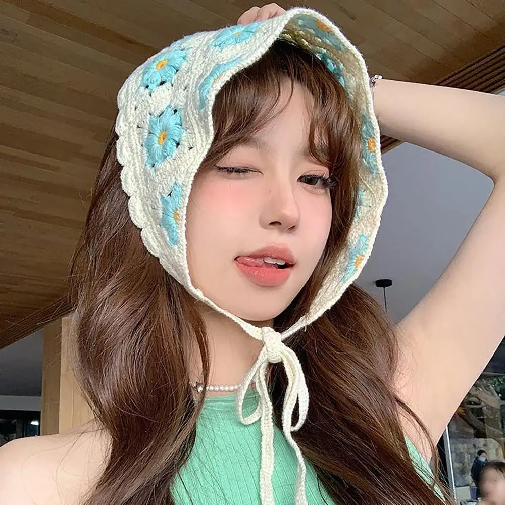 Französisch Pastoral Stil Dreieck Stirnband süße kleine Blume gestrickt Stirnband Handtuch handgemachte Häkeln Kopftuch Hut Mädchen Image