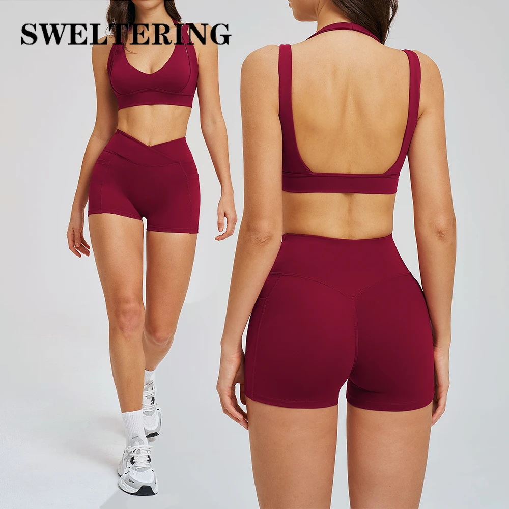 Ensemble de 2 shorts de yoga pour femmes, vêtements de sport, tenue de fitness, soutien-gorge antichoc, shorts taille haute, vêtements de sport