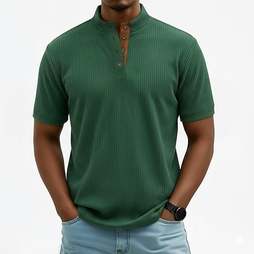 Herren Cordhemd T-Shirt Kurzarm Einfarbig Einfach Vintage-Stil Henley Knöpfe Stehkragen Henley Lässig Täglich Outdoor Sommer Frühling Frühling Herbst Schwarz Koffee Grau Henley T-Shirt Image