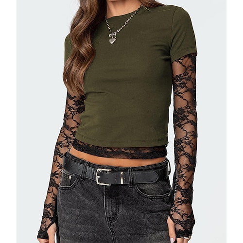 Damen T Shirt Oberteil mit Spitzenspleiß Y2K Tunika Netz Falscher Zweiteiler Stilvoll Sexy Lässig Langarm Rundhalsausschnitt Crop Tops Täglich Ausgehen Schwarz Armeegrün Rote Braun Sommer Frühling Image
