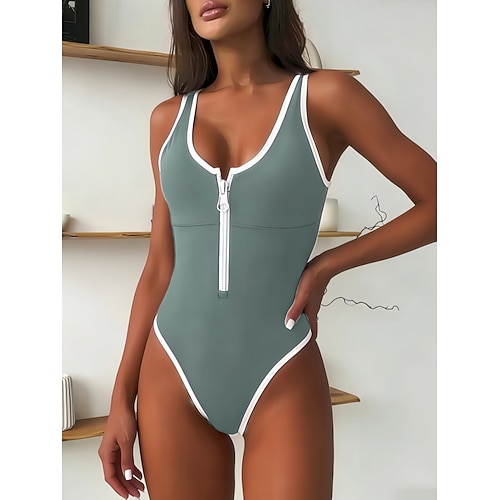 Damen Badeanzug Einteiler Monokini Bademode Schlank Frontreißverschluss Rückenfrei Urlaub Strandbekleidung Einfarbig Rundausschnitt Ärmellos Badeanzüge Image