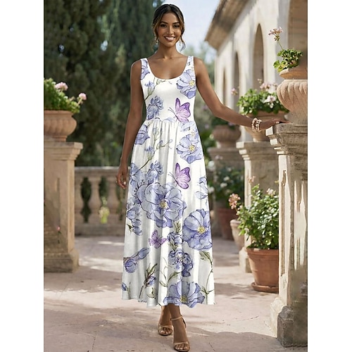 Damen Midikleid Sommerkleid A Linie Kleid Unterkleid Faltenkleid Urlaub Lässig Boho Strand Date Normale Passform Blumen Grafik Ärmellos Rundausschnitt Gelb Purpur Orange Grün Sommer Frühling Image