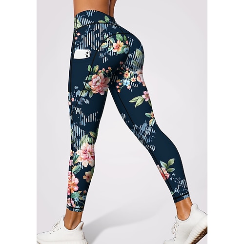Damen Pilates-Leggings Fitnesshose Lässige Leggings Taschen Stempelsteuer Patchwork Pilates Fitnessstudio Fitnesstraining Hosen Strumpfhosen Leggings Farbblock Blumenmuster Blumendruck Waldgrün Image