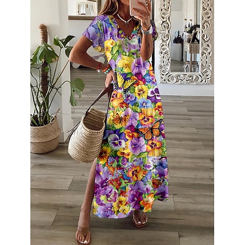Damen Maxikleid T-Shirt-Kleid Sommerkleid Urlaub Lässig Strand Ausgehen Normale Passform Blumen Grafik Kurzarm V Ausschnitt Blau Purpur Sommer Frühling Image