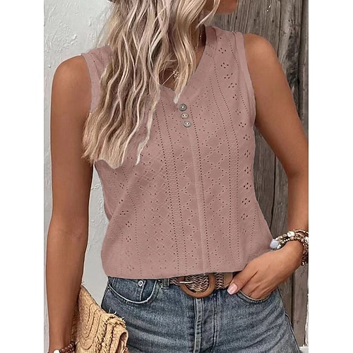 Damen T-Shirt Oberteil mit Ösen Knöpfe Einfarbig Elegant Vintage Stilvoll Ärmellos V Ausschnitt Normale Oberteile Täglich Ausgehen Urlaubskleidung Schwarz Weiß Gelb Pudriges Rosa Himmelblau Sommer Image