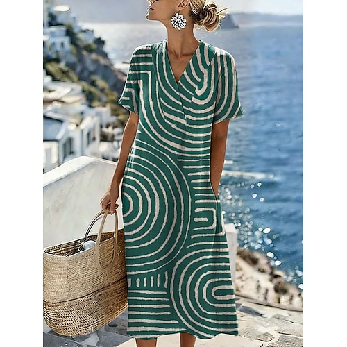 Damen Midikleid Freizeitkleid Sommerkleid Urlaub Lässig Strand Strand Party Lässiger Schnitt Grafik Geometrisch Kurzarm V Ausschnitt Gelb Rosa Braun Grün Sommer Frühling Image