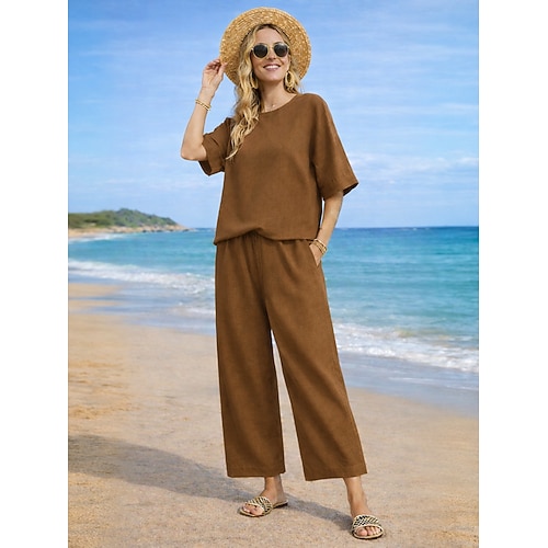 Frauen baumwolle leinen sets zwei stück sets reine farbe heißer casual komfort hause täglichen frühling Image