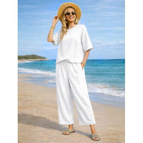 Frauen baumwolle leinen sets zwei stück sets reine farbe heißer casual komfort hause täglichen frühling Image