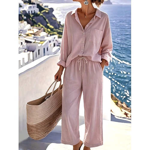 Damen Baumwoll-Leinen Hosen Sets Bolero Oberteil Langarm Hemd Kragen Einfarbig Mode Streetwear Lässig Alltag Draußen Blau Schwarz Weiß Sommer Lockerer Schnitt Image