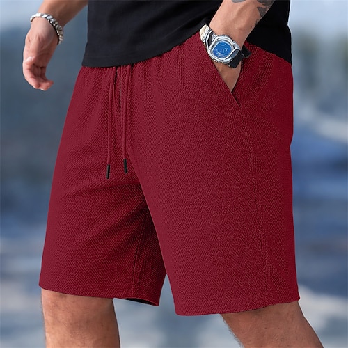 Herren Shorts Freizeitshorts Jacquard Strukturiert Einfach Komfort Atmungsaktiv Knielang Lässig Outdoor Strand Urlaub Mode Schwarz Wein Mikroelastisch Image