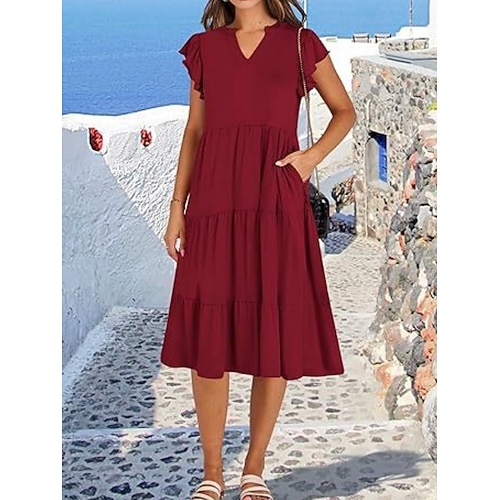 Damen Knielanges Kleid Freizeitkleid Sommerkleid Elegant Mode Modern Outdoor Urlaub Ausgehen Normale Passform Einfach Kurzarm V Ausschnitt Schwarz Armeegrün Rote Burgunderrot Sommer Frühling Image