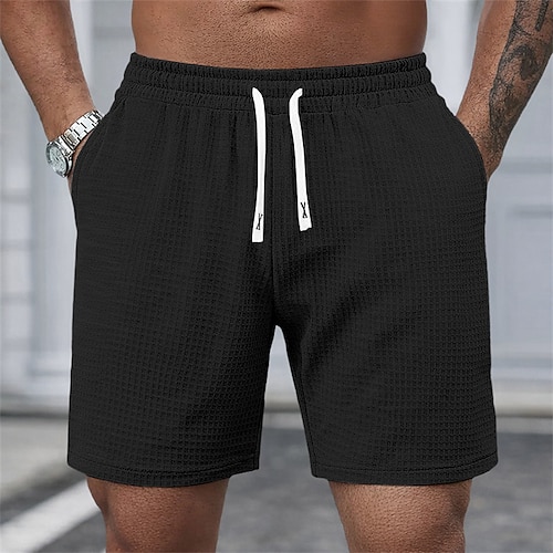 Herren Waffel-Shorts Shorts Freizeitshorts Strukturiert Einfach Komfort Atmungsaktiv Knielang Lässig Täglich Outdoor Urlaub Mode Schwarz Weiß Mikroelastisch Image