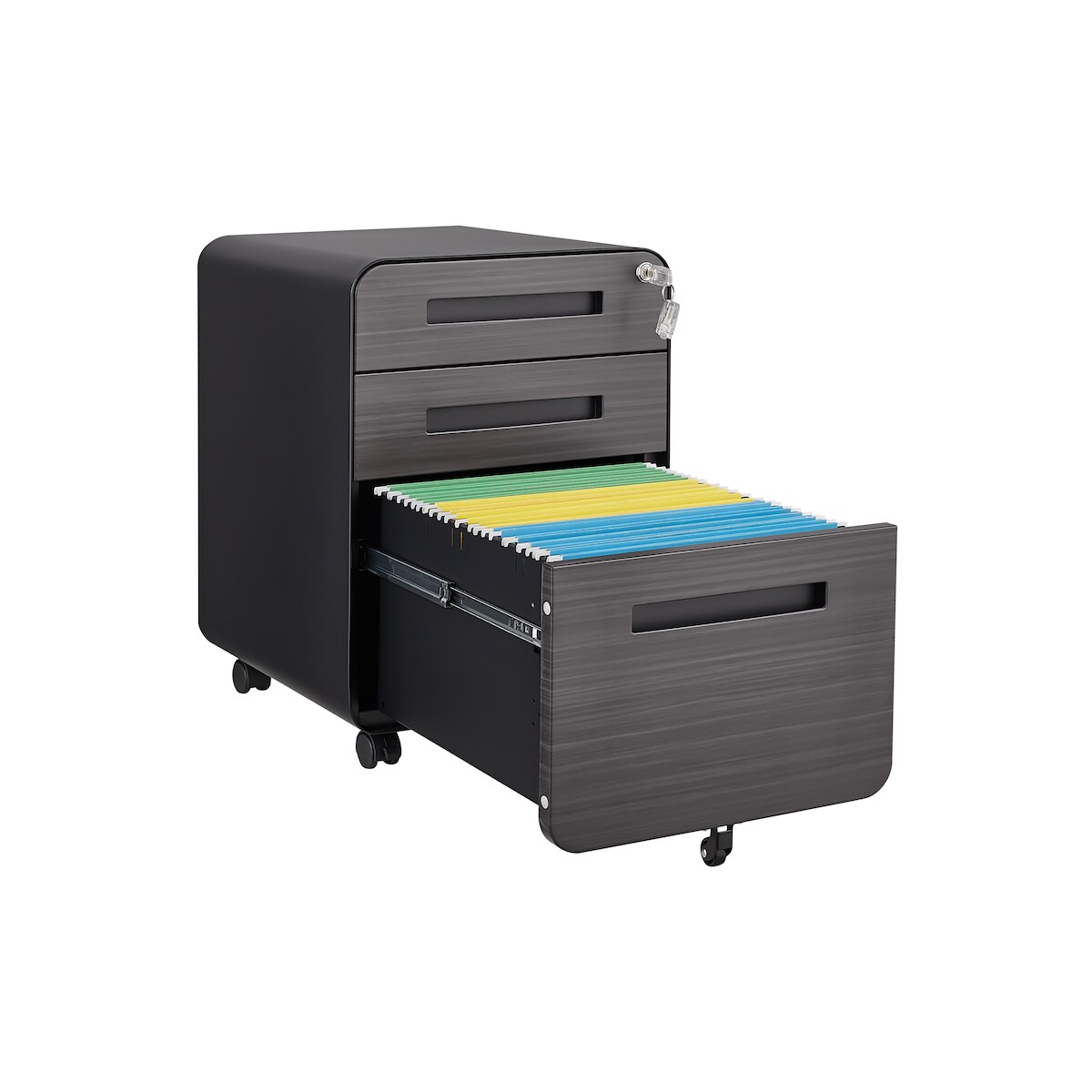 OKWISH Rollcontainer Aktenschrank Metall Schwarz 58x40x46 cm mit 3 Schubladen Zentralverriegelung Hängeregister Vollauszug 5 Rollen Image