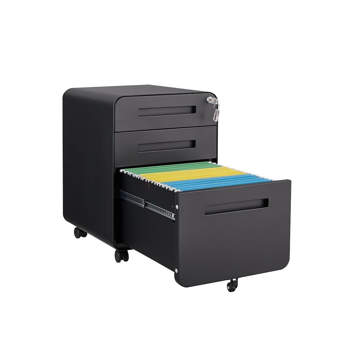 OKWISH Rollcontainer Metall Schwarz 58x40x46 cm mit 3 Schubladen, Zentralverriegelung, Hängeregistratur für A4 Letter Legal, 5 Rollen Image