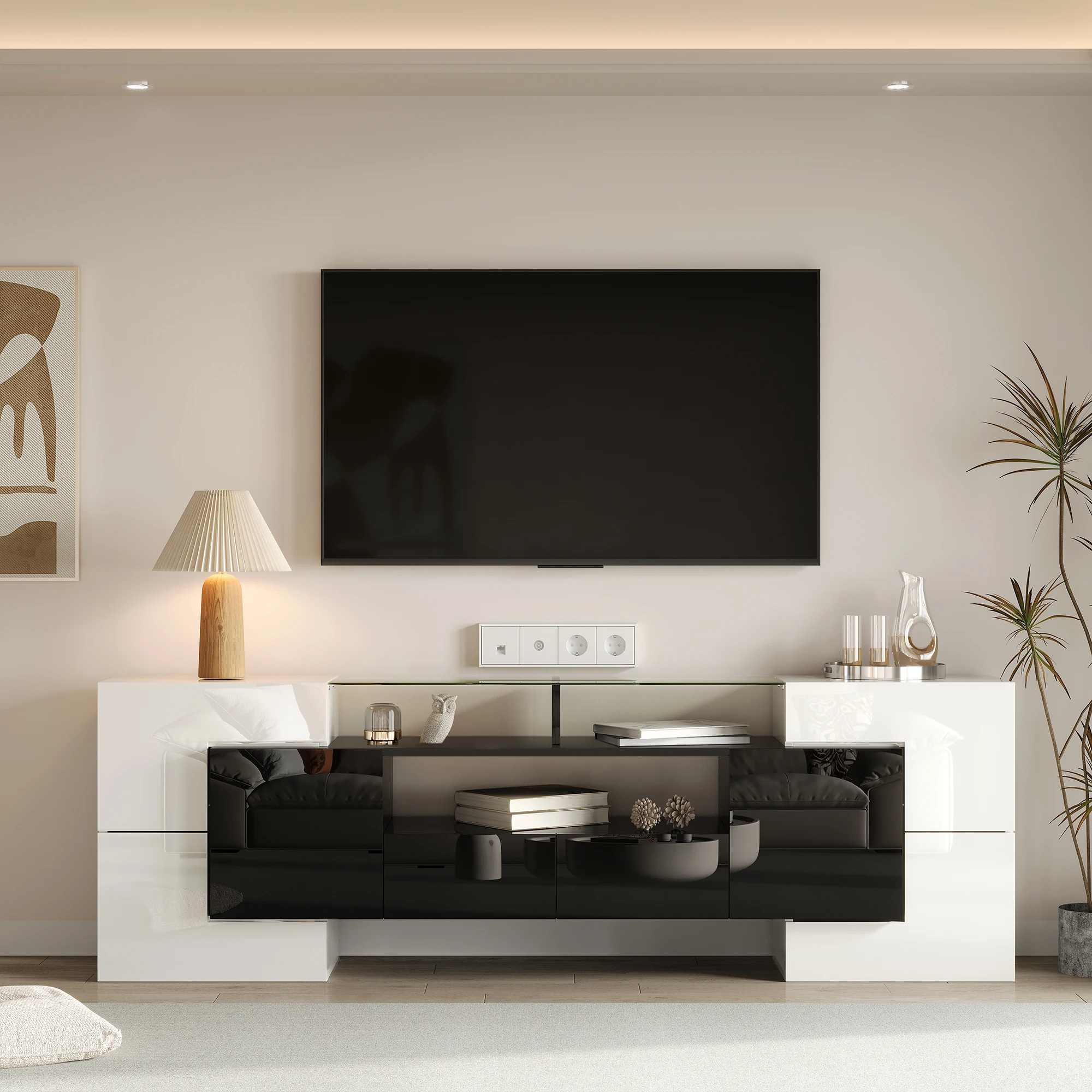 Meuble TV blanc de 200 cm, panneau bas. Meubles de salon blanc et noir brillant, éclairage LED, design moderne, surface en verre