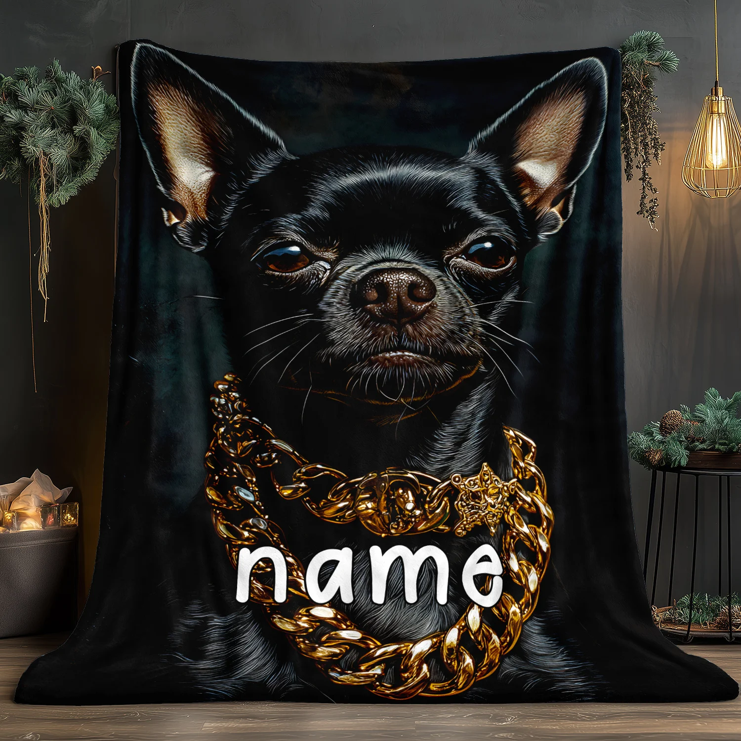 Personalisierte Namensdecke, gemischte Farben, schwarzes Chihuahua-Hundedesign, leichtes Flanell, weich und warm, Digitaldruck Image