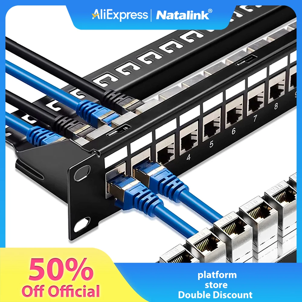 Natalink 24 Port RJ45 Patchpanel Cat6/Cat6a/Cat7 Feed Through, RJ45 Coupler Netzwerk Patchpanel 19 Zoll Image