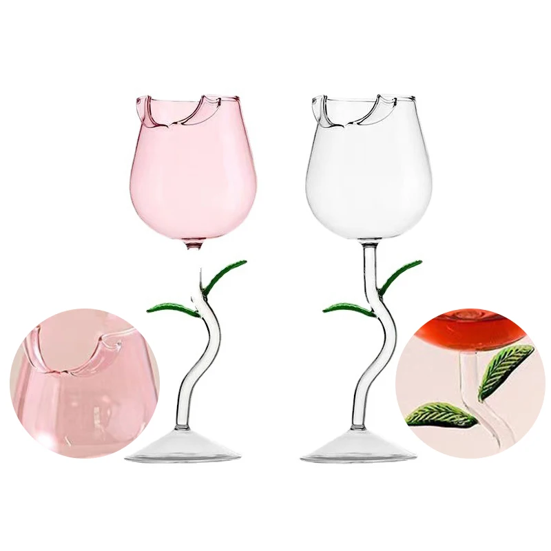 Rosen förmige Rotwein gläser Weinglas in Rosen form mit farbigen Rosen blättern 150/400ml rosafarbener Rotwein becher Cocktail becher Image