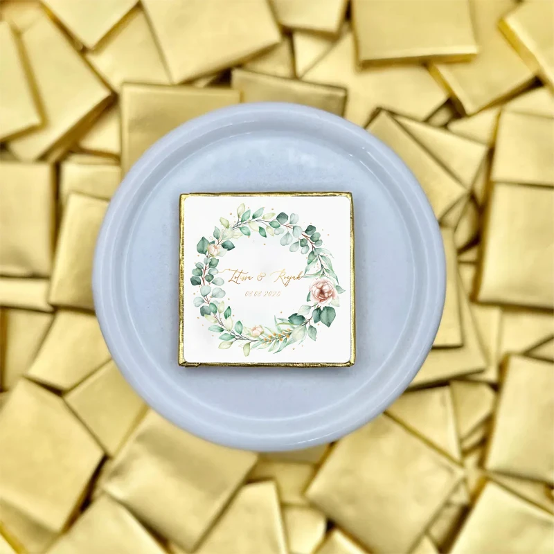 Personalisierte 50 Stück Hochzeitsschokoladenbevorzugungen, Verpackungspapiere, individuelle Verlobungsetikettenaufkleber für Hochzeitsfeier, Schokoladendeko Image