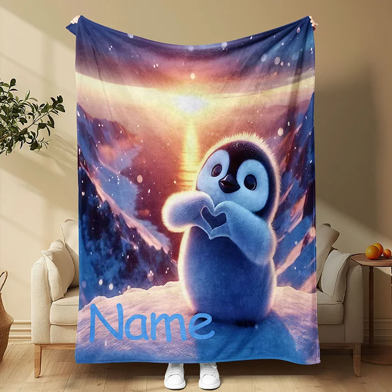 Bedruckte Flanell-Bettdecke mit Sonnenuntergang-Pinguin-Motiv, moderner Stil, handgewaschen, multifunktionaler Strickstoff Image