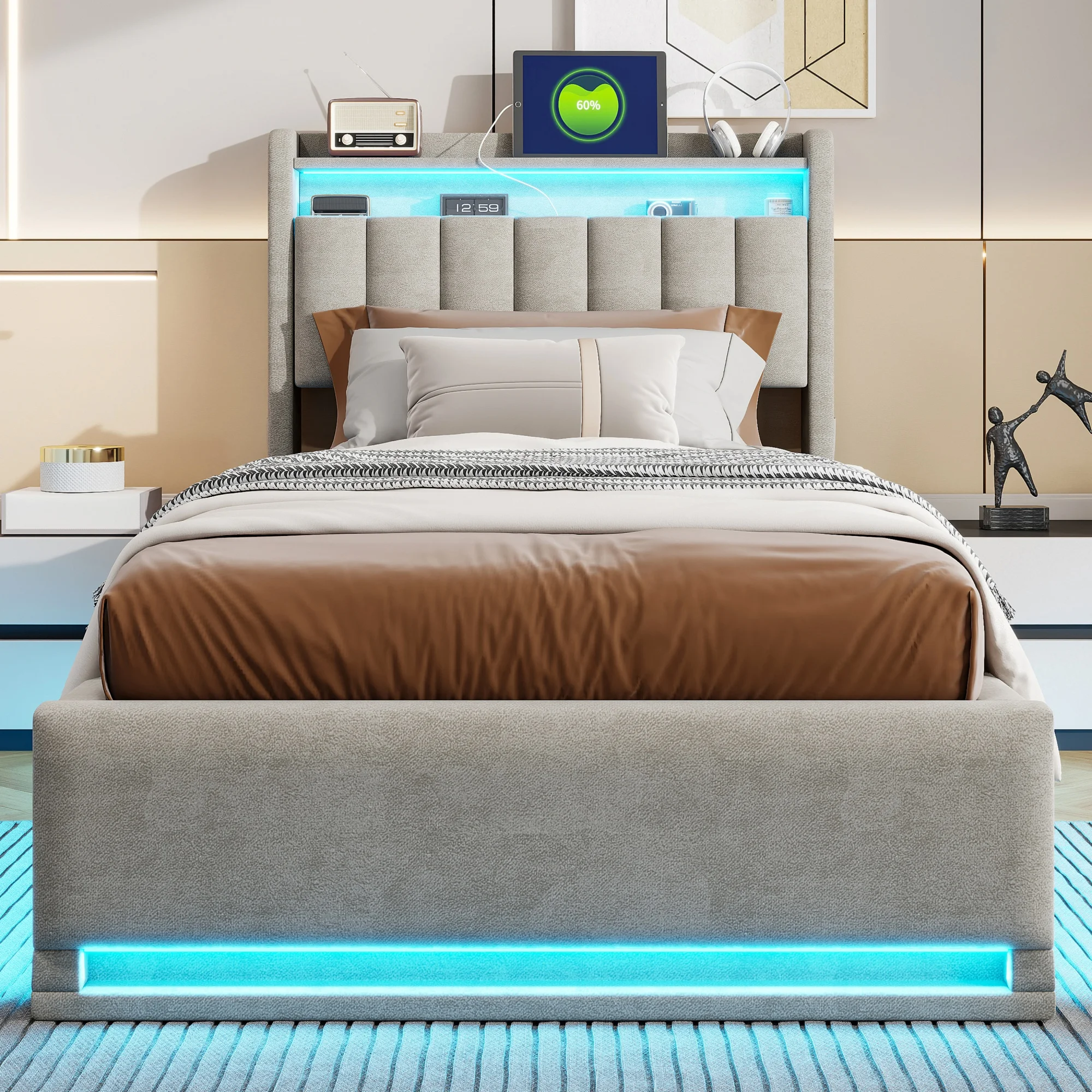 Comanlia 90x200cm Polsterbett, Kinderbett, Einzelbett mit Stauraum, Lattenrost, LED-Beleuchtung und USB-Ladeanschluss Image