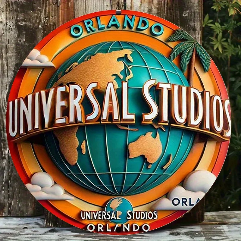 1 Stück 2D-Flachdruck-Metallschild, 7,87 x 7,87 Zoll, 2D-Flach, 1 Stück Studios Orlando Wandschild – Vintage-Metallkunst-Dekoration mit Globus, Wolken Image