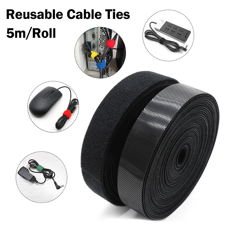 5M/Rolle Breite 10/15/20/25mm Schwarzer Kabelorganisator USB-Kabelwickler Management Nylon Frei Zuschneidbare Kabelbinder für Maus Kopfhörer Schnur Image