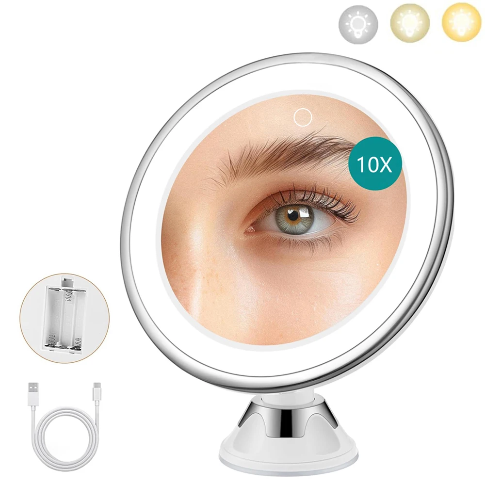 Tragbarer 10-fach Vergrößerungsspiegel mit 3 Farblichtern Kosmetikspiegel mit Saugnapf Helligkeit Dimmbar 360° ° Rotation
