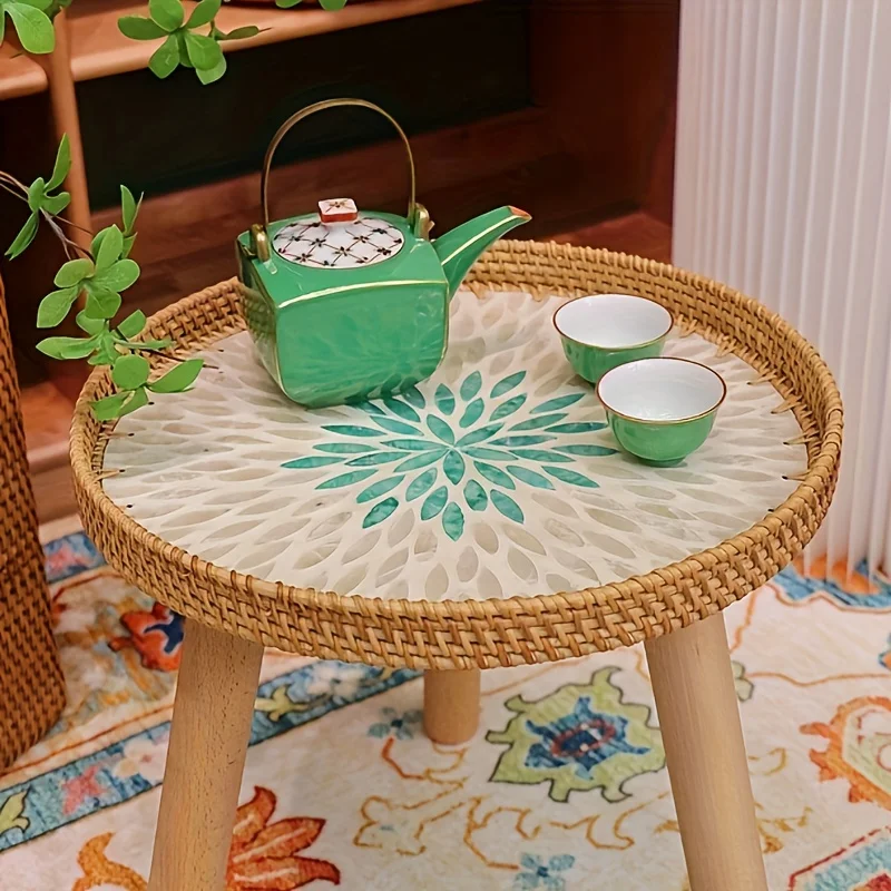 Kleiner Couchtisch im Vintage-Stil mit grünem Muster, runder Tisch mit Retro-Muster und Stauraum für den perfekten Aufbewahrungstisch im Wohnzimmer