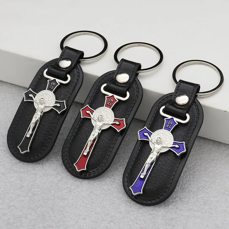 Diyalo Katholisches Kreuz Christus Jesus Wächter Fahrer St. Christopher Schlüsselanhänger Autotasche Pu-Leder Schlüsselanhänger Behänge Kirchenbedarf Image