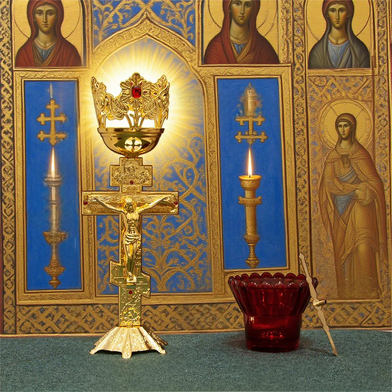 Orthodoxe Öllampe mit Kelch und Kruzifix, Dochthalter aus rotem Glas aus Zinklegierung, religiöser Hausaltar, Kirchendekoration