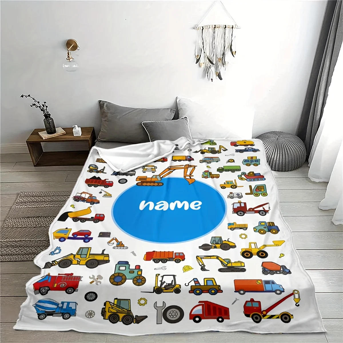 Personalisierte Flanell-Schaldecke mit individuellem Namen, weich und warm, digital bedrucktes Auto- und LKW-Design, geeignet für Schlafsofas