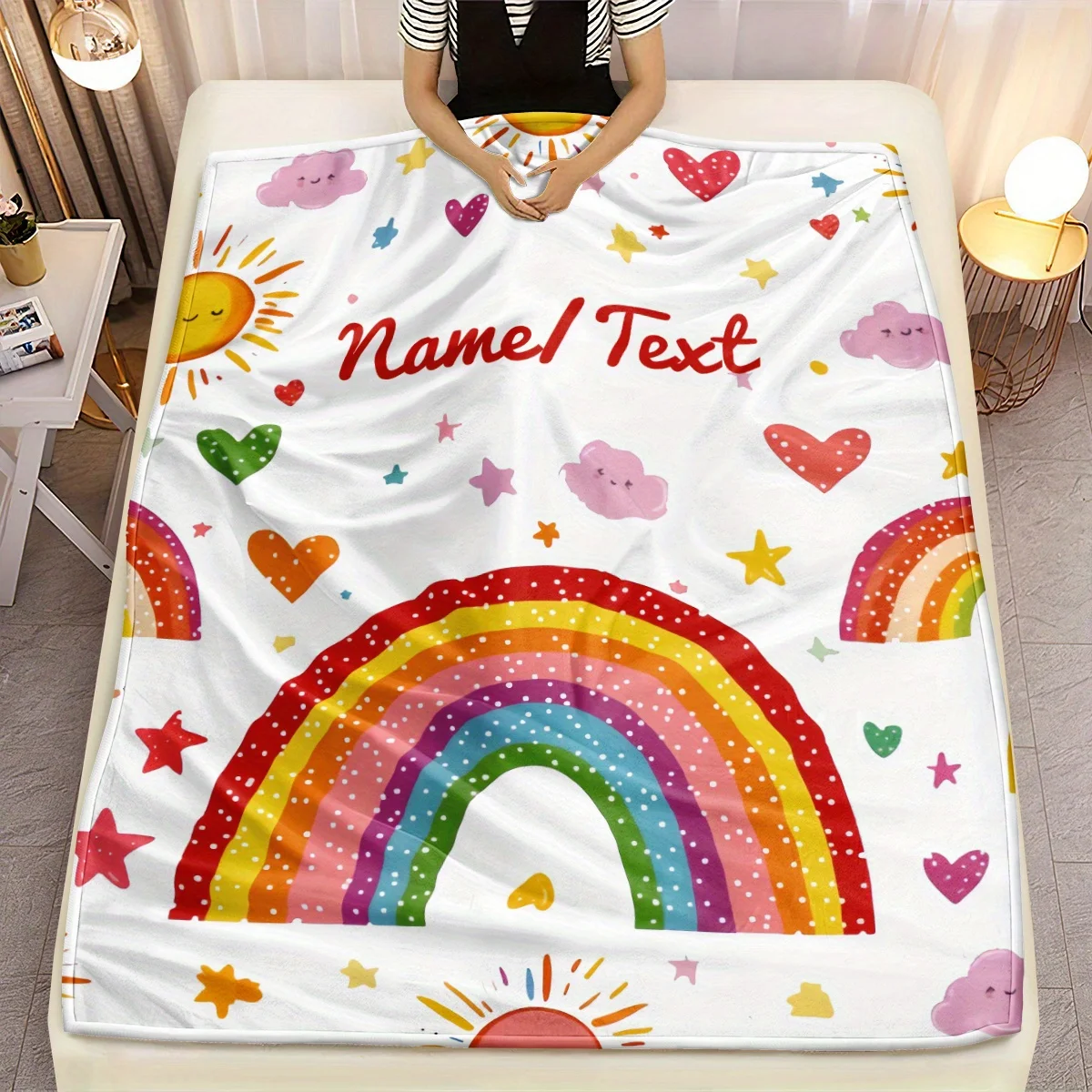 Regenbogendecke mit individuellem Namen, weiche und warme Flanelldecke mit hellem Digitaldruck, leicht und langlebig Image