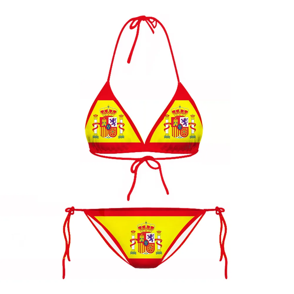 CLOOCL Bikini-Sets mit Spanien-Flagge, sexy, modisch, 3D-gedruckt, Badeanzug, Strand, Pool, Urlaub, verstellbare Schnürung, Bikini-Anzüge ohne Brustpolster Image