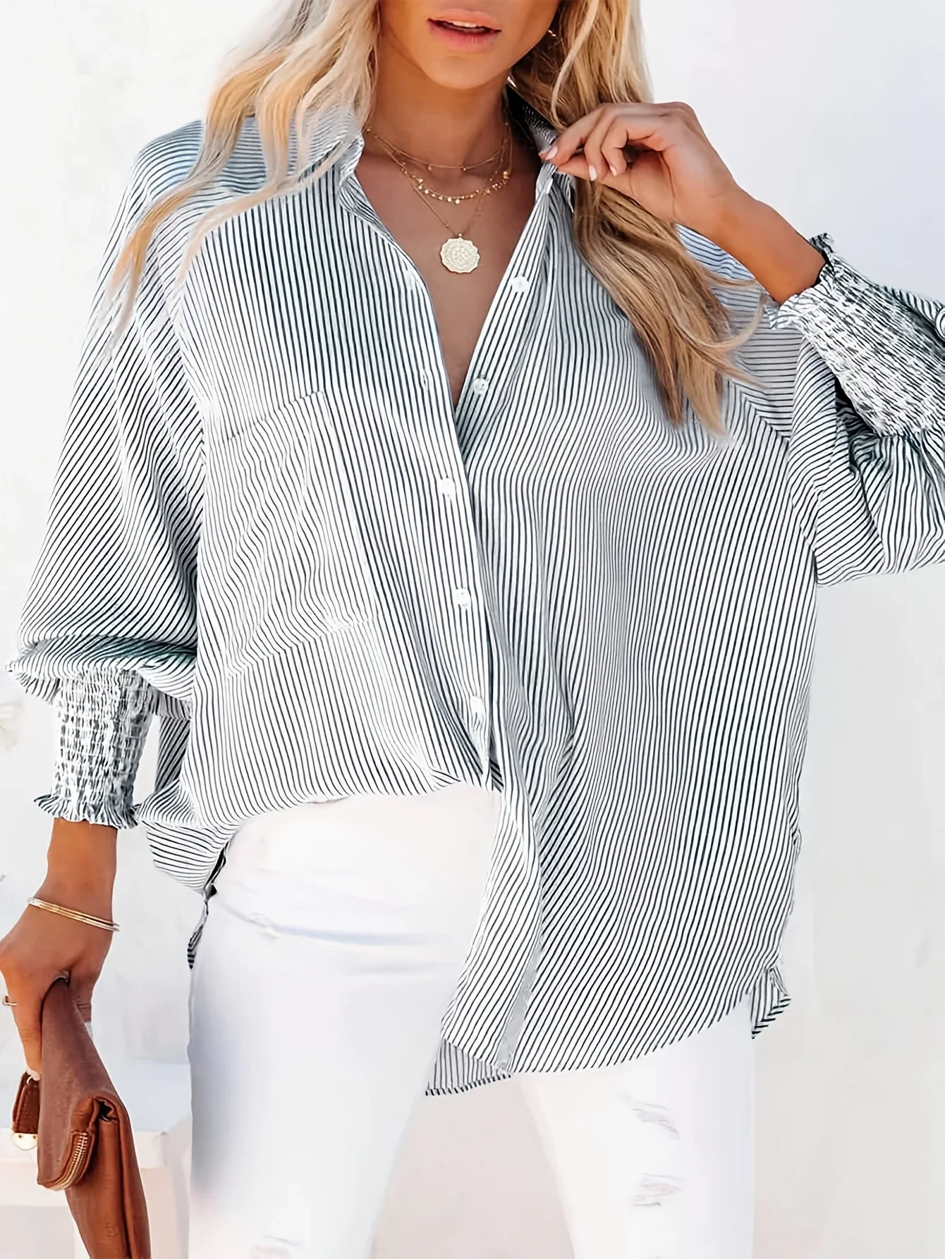 Plus Größe 1XL-5XL frauen Casual Gestreiften Atmungsaktive Bluse Shirt Damen Mode V-ausschnitt Button-down Langarm Lose Shirt top Image