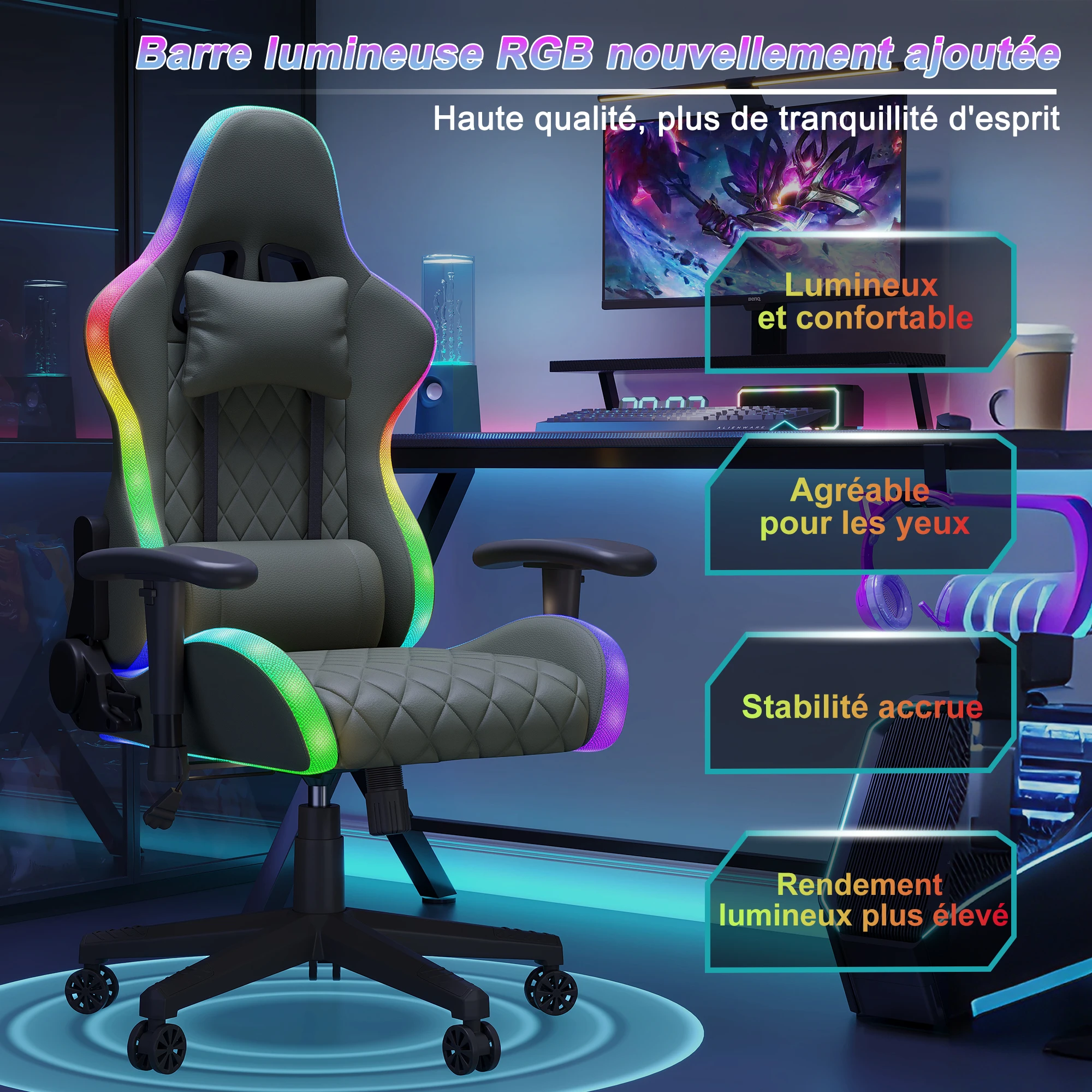 Superaly 72x58,5x125-133cm Ergonomischer Gaming-Stuhl mit RGB-Beleuchtung, Gamer-Stuhl, PU-Leder Bürostuhl mit Kopfstütze & Lendenkissen