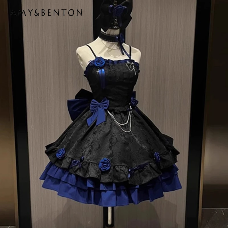 Original Design Blau Schwarz Gothic Lolita Damenkleider 2025, Sommer, neu, süß, cool, sexy, schweres Handwerk, Halloween-Kostüm für Damen