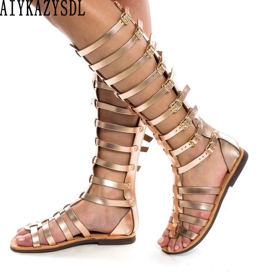 AIYKAZYSDL Gladiator Rom Sandalen Strappy Kniehohe Summe Stiefel Schnitten Flache Sandalen Schuhe Gothic Punk Sandalen Plus Größe Gold