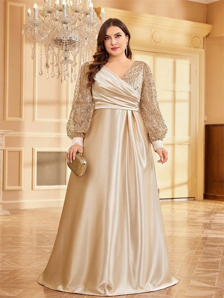 Plus Size Luxus Grün V-Ausschnitt Pailletten Abendkleid Elegante Frauen Party Maxikleid Langarm Cocktailkleider Abschlussball