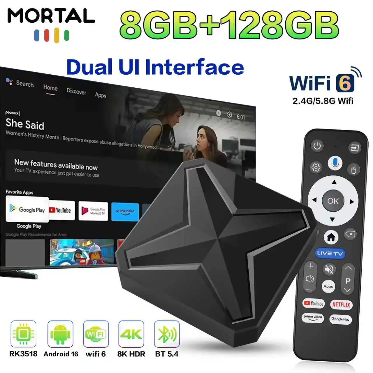 Smart-TV-Box mit Android 16.0, Google Voice, RK3518, 8 GB RAM, 128 GB ROM, Dual-WLAN (2,4 GHz und 5,8 GHz), 4K, H.264, Bluetooth 5.0, Q1MINI+ Dekodierungs-Set-Top-Box Image