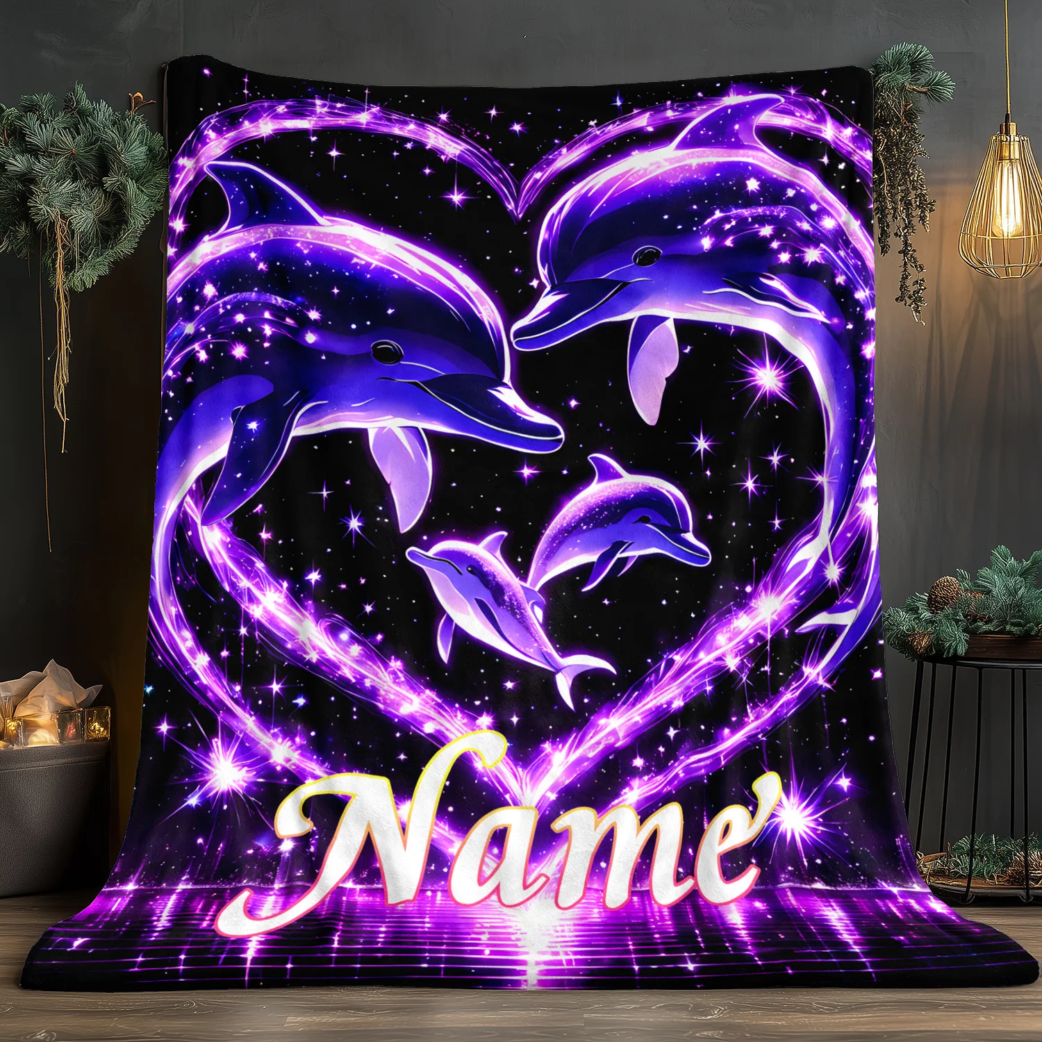 Personalisierte Namensdecke, verträumter Starlight Love Dolphin, gemischte Farben, leicht gestricktes Polyesterflanell, weich und warm, Image