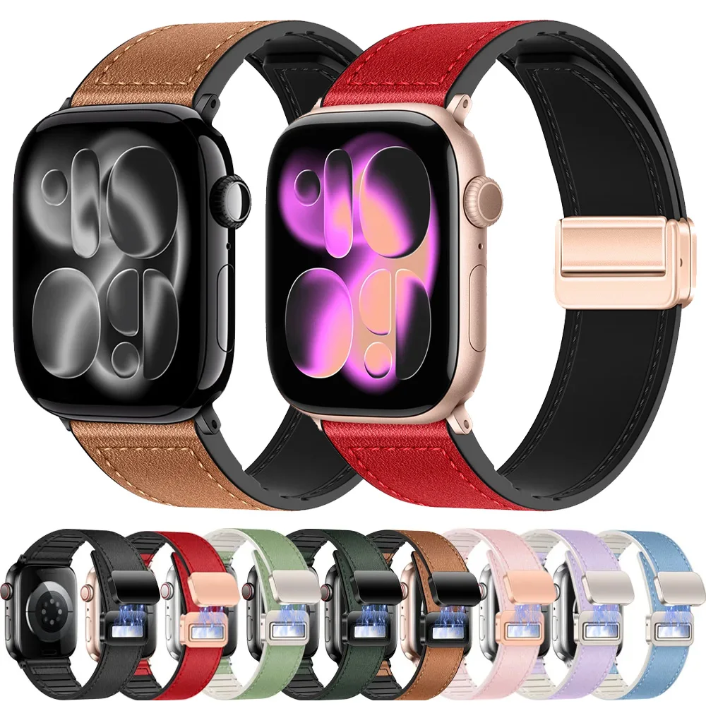 Silikon+Lederarmband für Apple Watch 11 10 42mm 46mm Ultra 3 2 1 49mm Magnetisches Uhrenarmband iWatch 9 8 7 45/41mm 6 5 SE3 40/44mm Image