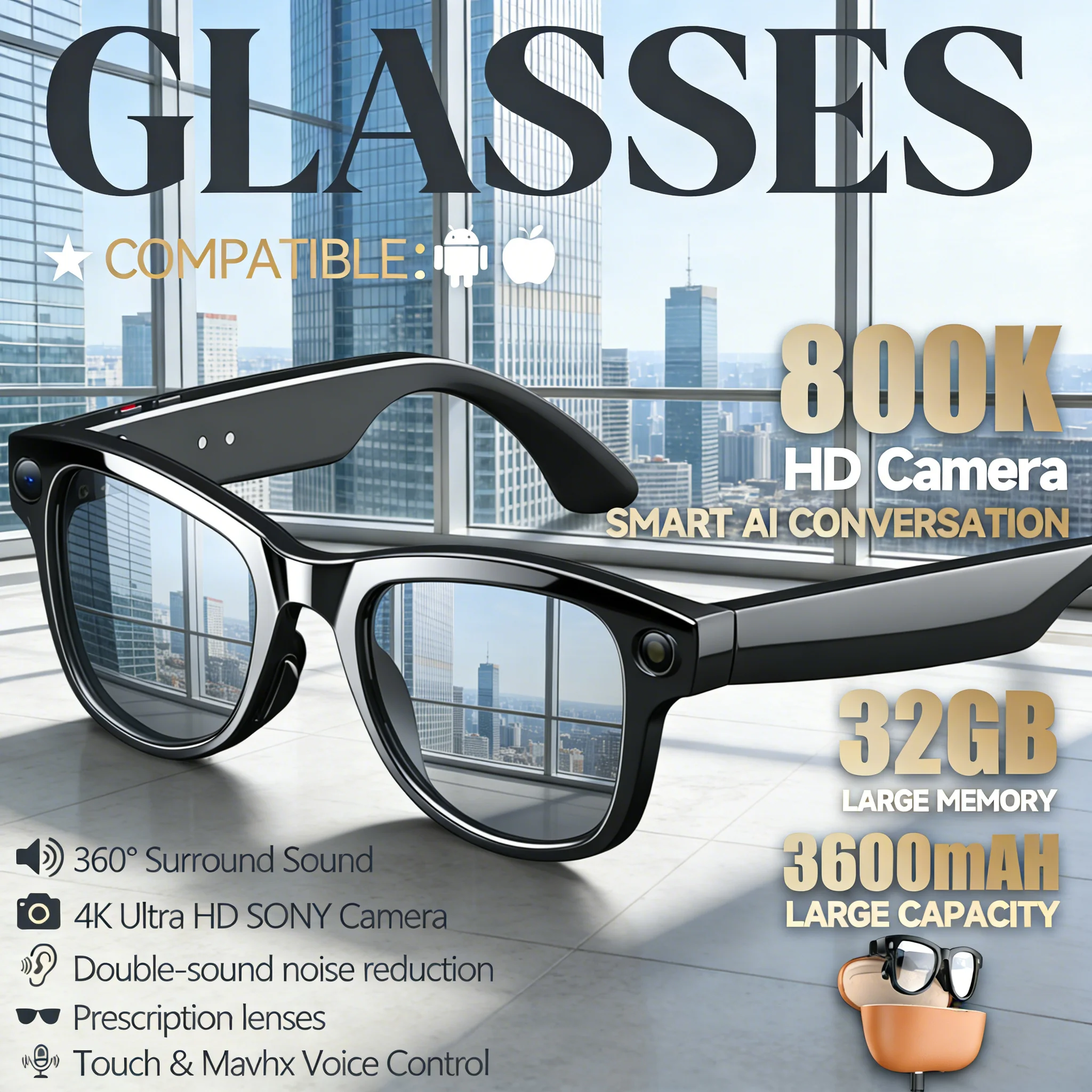 2026 Neue 3600mAh Smart-Brille mit großer Kapazität, 32GB, 8MP Kamera, Foto- und Videoaufnahme, Übersetzung in über 120 Sprachen, Musikplayer Image