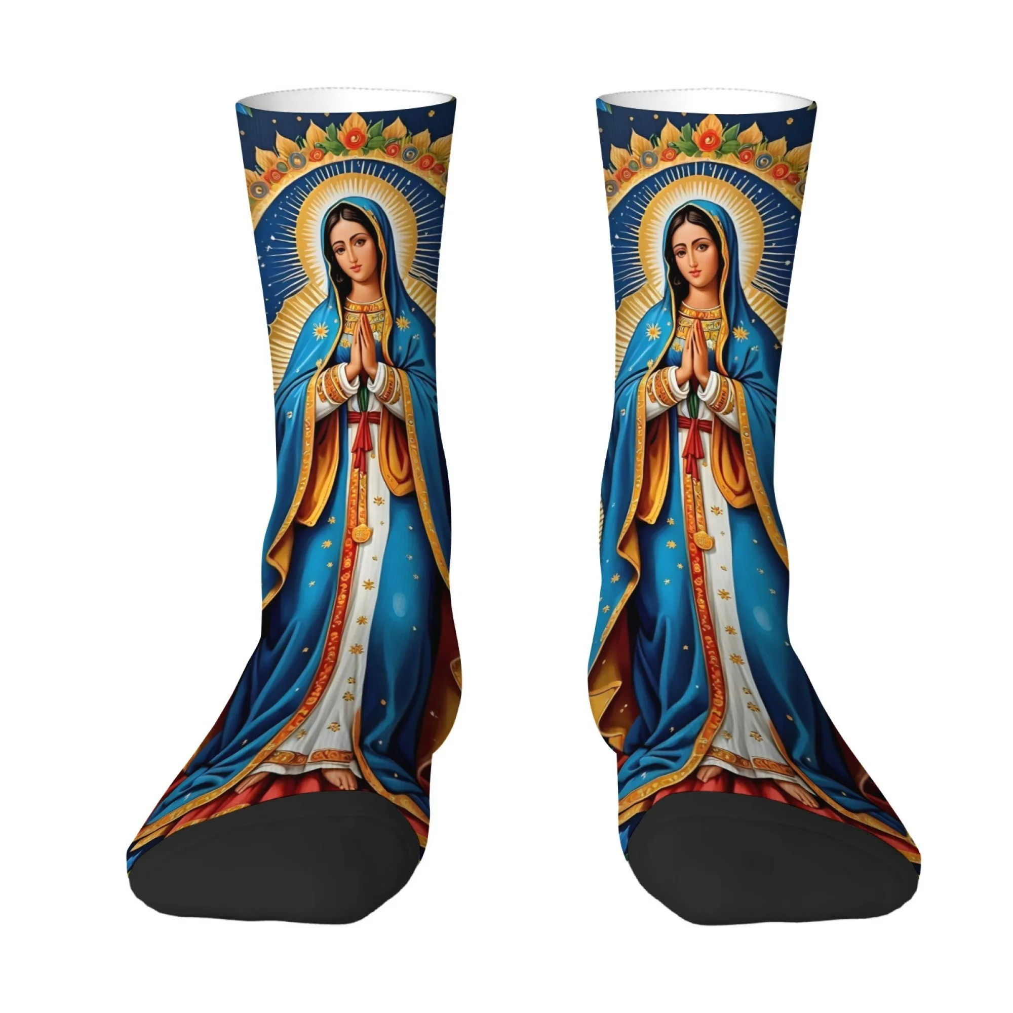 Heilige, unsere Liebe Frau von Guadalupe, religiöser Kunstdruck, mittelhohe Socken, klassisches Symbolmuster, feierlicher kultureller Stil für den Alltag Image