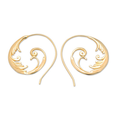 'Round 18k Gold-Plated Brass Drop Earrings with Leafy Motifs'