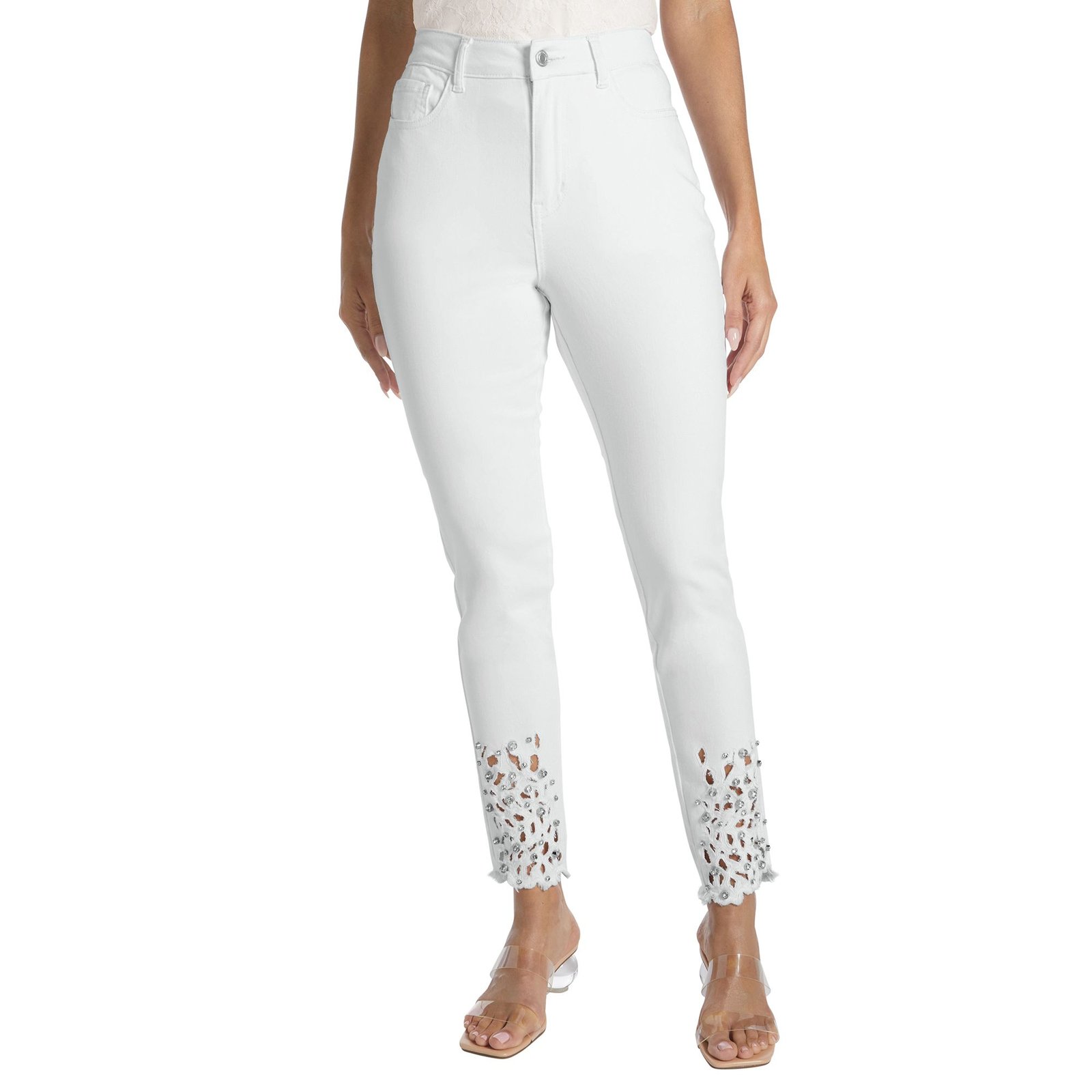 Masseys Cutout Rhinestone Skinny Jean (Size 8) White, Cotton,Spandex