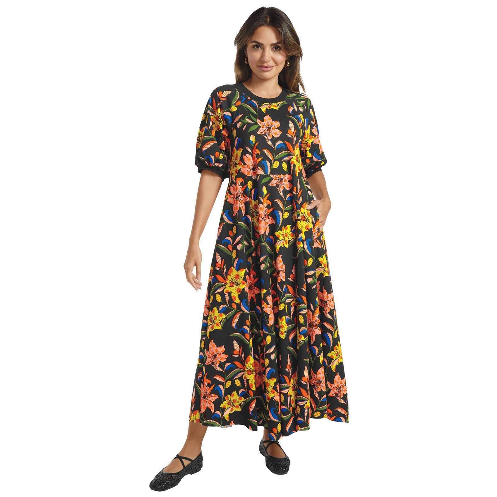 Masseys Daily T-Shirt Maxi Dress (Size XL) Black/Multi Floral, Cotton