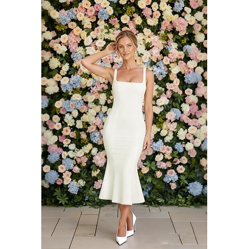 Fourreau Colonne Longueur cheville Robe Blanche petite robe blanche Élégant Petites Robes Blanches Sans manches Bretelles spaghetti Mariage Tissu Extensible Dos nu avec Plis