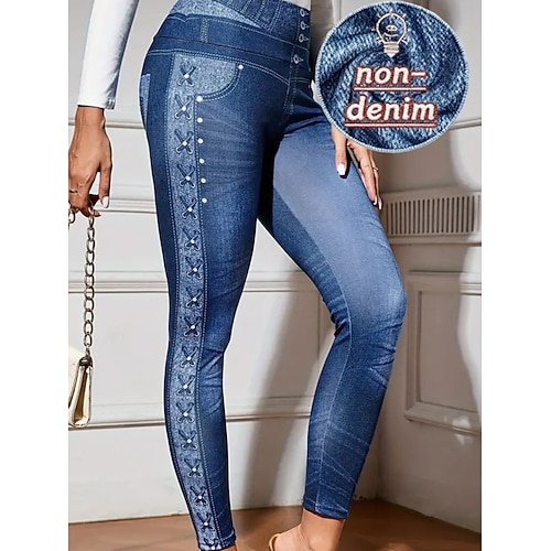 Per donna Jeans Leggings Jeggings Streetwear Casual Lunghezza intera Vita media Semplice Tasca Elastico in vita Comodo Micro-elastico All'aperto Vacanza Streetwear Blu Nero Primavera Autunno